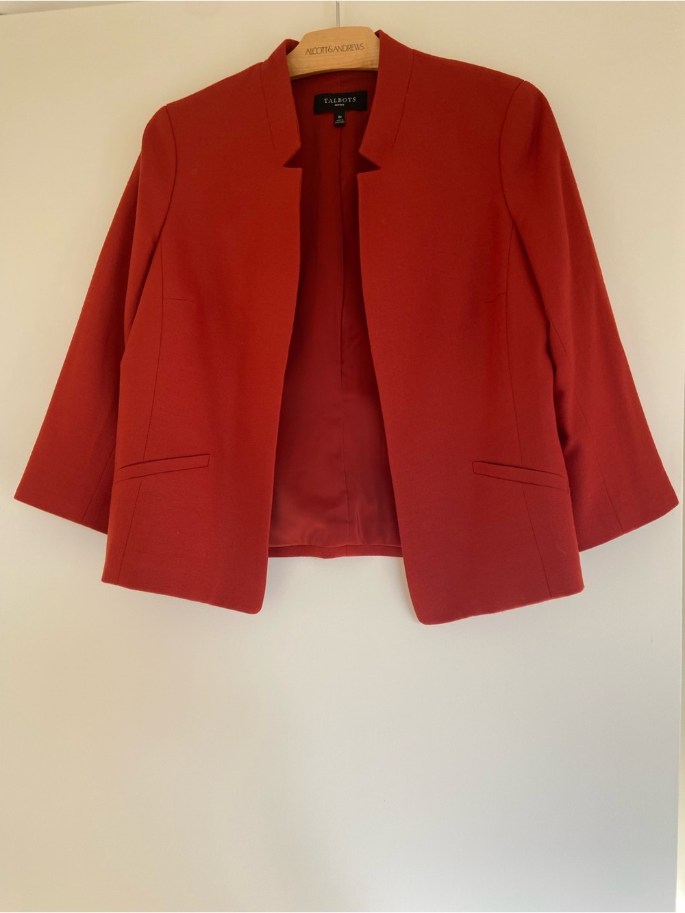 Talbots Orange Open-Front Collarless Blazer, 3/4 Sleeve, 8 Petite